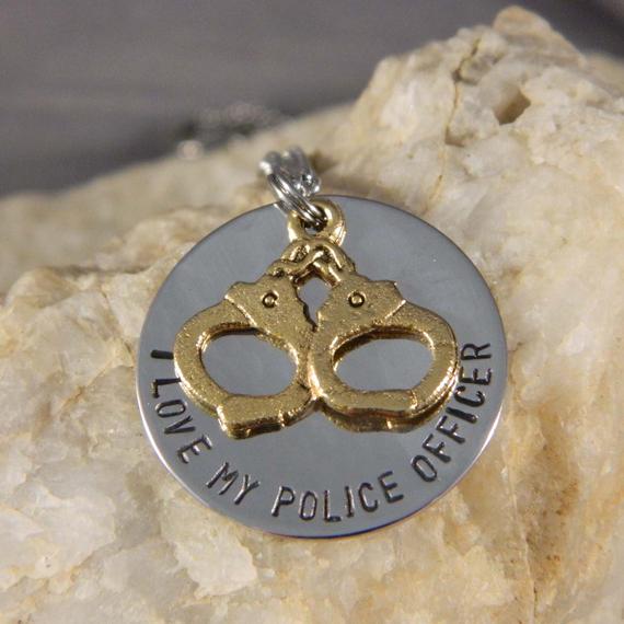 I love My Police Officer, Please Keep Safe with Handcuffs Handstamped Necklace